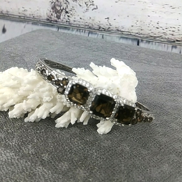 Brazilian Smokey Quartz & White Cambodian Zirchon Cuff Bracelet - Picture 7 of 13